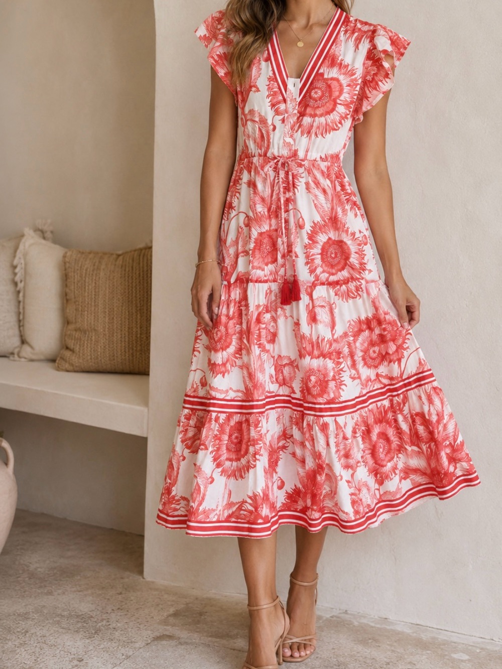 Isla Payal Floral Maxi Dress Coral Red & White Boho XS